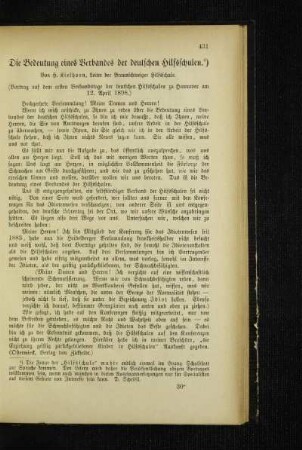 ¬Die¬ Bedeutung eines Verbandes der deutschen Hilfsschulen : (Vortrag auf dem ersten Verbandstage der deutschen Hilfsschulen zu Hannover am 12. April 1898)