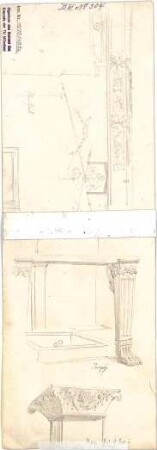 Walther, Conradin; u. a. Deutschland; Italien; Sammlung Conradin Walther: Band IV, Nr. 302 - 343 (fol. 269 - 313) - Tisch u. Wandverzierung in Pompeji (Details); Säulenteil, Rom (Perspektive)