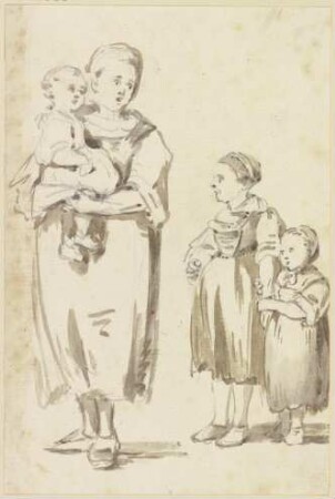 Stehende junge Frau mit einem Kind auf dem Arm, rechts neben ihr zwei weitere Kinder