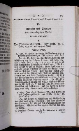 V. Auszüge und Anzeigen von entomologischen Werken.