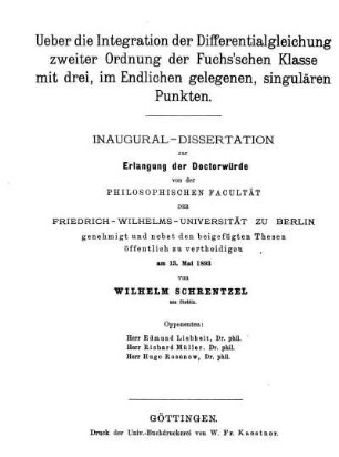 Ueber die Integration der Differentialgleichung zweiter Ordnung der Fuchs'schen Klasse mit drei, im Endlichen gelegenen, singulären Punkten