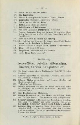 II. Auctionstag. Rococo-Möbel, Gobelins, Silbersachen, Bronzen, Curiosa, Antiquitäten etc.
