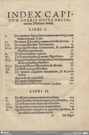 INDEX CAPITVM OPERIS HVIVS ARITHmetices Michaelis Stifelij.