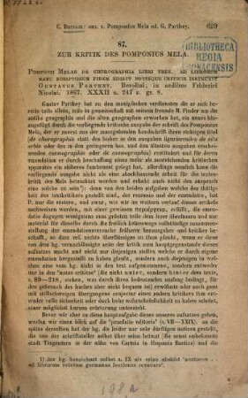 Zur Kritik des Pomponius Mela : Besprechung von Gustav Parthey, Pomponii Melae de chorographia libri Tres. Berolini. in aedibus Friderici Nicolai. 1867