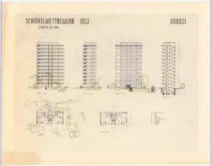 Wohnhausgruppe im sozialen Wohnungsbau Schinkelwettbewerb 1954: 3 Ansichten, Schnitt, Grundrisse EG, OG des 3-Zimmer-Typs 1:200