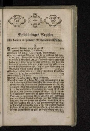 Vollständiges Register aller darinn enthaltenen Materien und Sachen.