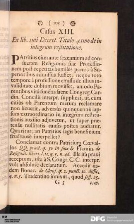 Casus XIII. Ex lib. 1mi Decret. Titulo 41mo de in integrum restitutione.