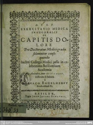 Exercitatio medica inauguralis de capitis dolore