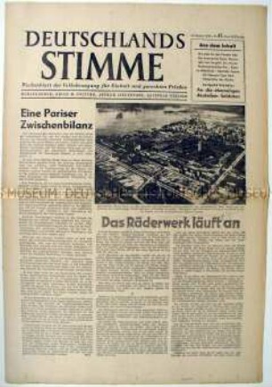 Wochenzeitung der "Volksbewegung für Einheit und gerechten Frieden" u.a. zum Pariser Außenministertreffen der Alliierten