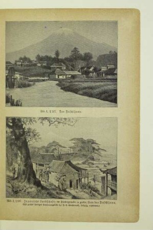 Japanische Landschaft; im Hintergrunde in zarter Linie der Fuschijama