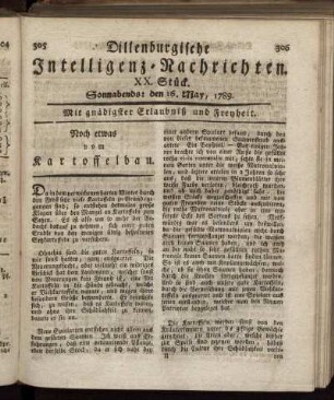XX. Stück. Sonnabends: den 16. May, 1789.
