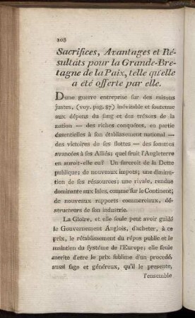 Sacrifices, Avantages et Résultats pour la Grande-Bretagne de la Paix, telle qu'elle a été offerte par elle.