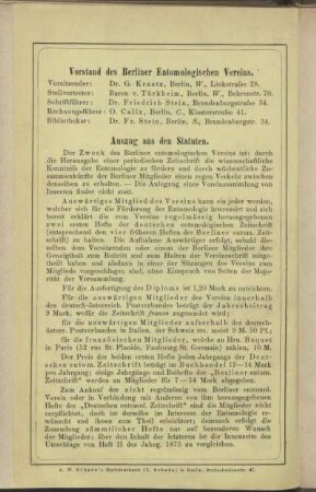Vorstand des berliner Entomologischen Vereins - Auszug aus den Statuten
