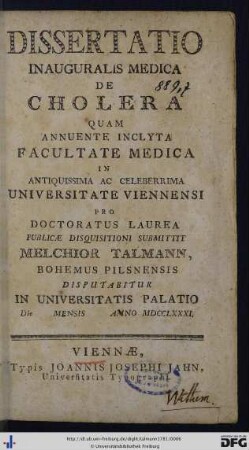 Dissertatio Inauguralis Medica De Cholera
