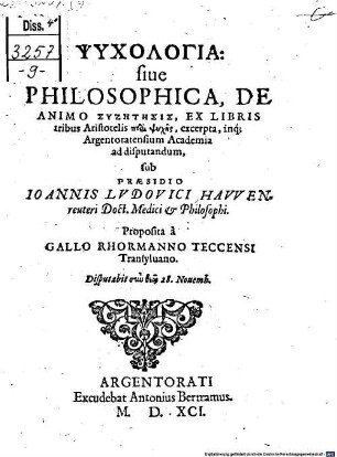 Psychologia: siue Philosophica, De Animo Syzētēsis : Ex Libris tribus Aristotelis peri psychēs, excerpta