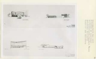 Volksbad am Insulaner, Berlin-Schöneberg (Diplomarbeit bei Karl Wilhelm Ochs): Zwischenhalle, Schwimmhalle, Umkleidetrakt, Badehaus, Ansichten von Westen, Osten und Schnitte 1:200