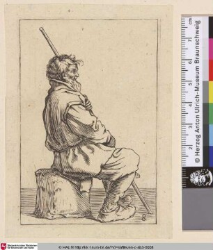 [Sitzender bärtiger Mann einen Stab haltend; Seated man in right profile holding a staff]