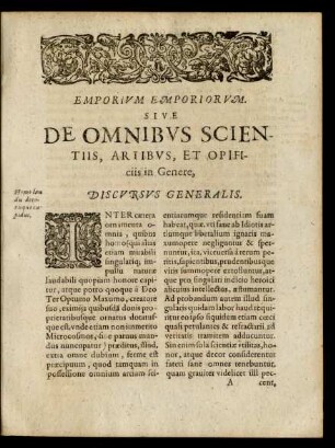 Emporium Emporiorum sive De Omnibus Scientiis, Artibus, Et Opificiis in Genere. Discursus Generalis.