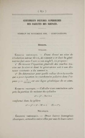 Certificats d'études supérieures des Facultés des Sciences. Session de novembre 1899. Compositions.