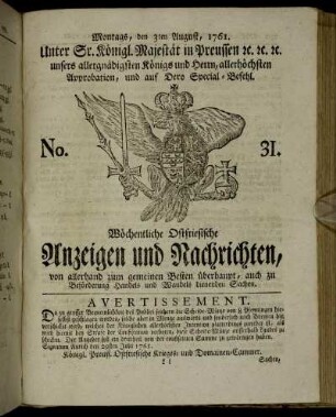 No. 31. Montags, den 3ten August, 1761.