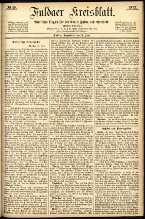 Erste Ausgabe vom Samstag, den 14. Juni 1873.