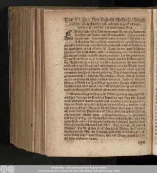 Das VI. Cap. Von Unfriede/ Auffruhr/ Kriegßleufften/ Brandschäden und anderem unglück in dieser jetzigen argen/ verfluchten und verdampten We[l]t.