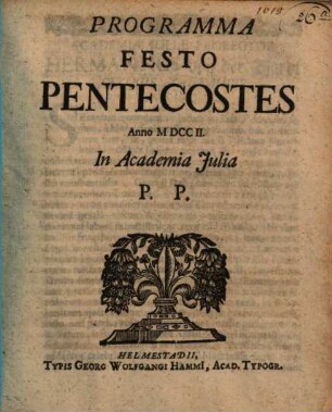 Programma festo Pentecostes Anno MDCCII in Academia Iulia p. p. : [Inest Oliv. Flor. Waterloopii poema mor. de moderatione linguae]