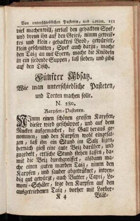Fünfter Absatz. Wie man unterschiedliche Pasteten, und Torten machen solle.