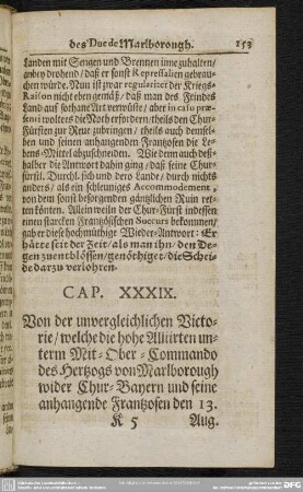 Cap. XXXIX. Von der unvergleichlichen Victorie, welche die hohe Alliirten unterm Mit-Ober-Commando des Hertzogs von Marlborough wider Chur-Bayern und seine anhangende Frantzosen den 13. Aug. 1704. bey Höchstedt erhalten