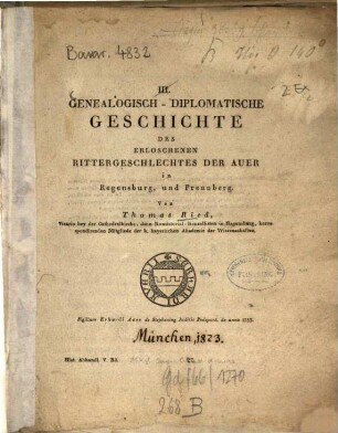 Genealogisch-diplomatische Geschichte des erloschenen Rittergeschlechtes der Auer in Regensburg und Prennberg