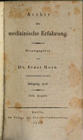 Archiv für medizinische Erfahrung. [30]. 1816