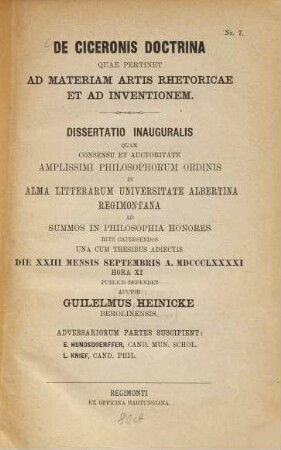 De Ciceronis doctrina, quae pertinet ad materiam artis rhetoricae et ad inventionem ...