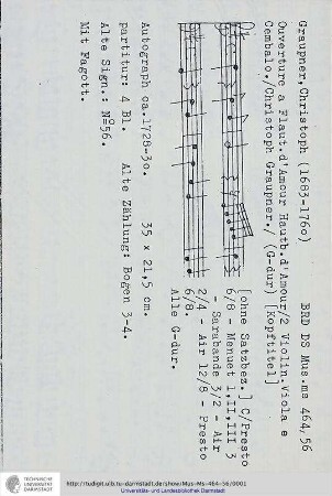 Ouverture a Flaut. d'Amour Hautb. d'Amour / 2 Violin. Viola e Cembalo. / Christoph Graupner.