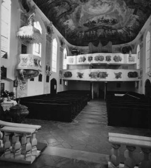 Winterbach-Waldkirch. Pfarr- und Wallfahrtskirche Mariä Schmerzen (1745; J. Dossenberger). Inneres zurOrgel
