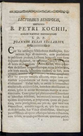 Lectoribus Benevolis, Inprimis B. Petri Kochii, Amicis...