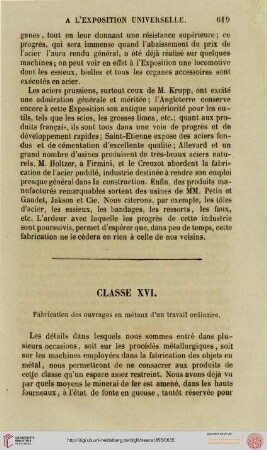 Classe XVI: Fabricatoin de métaux d'un travail ordinaire