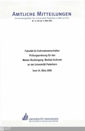 Prüfungsordnung für den Master-Studiengang Mediale Kulturen an der Universität Paderborn : vom 14. März 2008