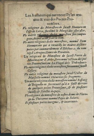 Les Autheurs qui ont recueilly les Oeuvres & vies des Poetes Provensaux