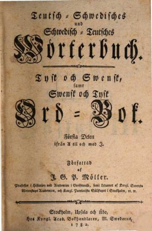 Teutsch-Schwedisches und Schwedisch-Teutsches Wörterbuch, Först Delen. Ifran A til och med I