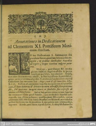 Annotationes in Dedicationem ad Clementem XI. Pontificem Maximum directam