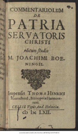 Commentariolum De Patria Servatoris Christi