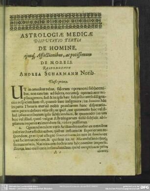 Disputatio Tertia, De Homine eiusq[ue] Affectionibus, sc potissimum De Morbis