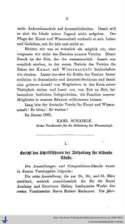 I. Bericht des Schriftführers der Abtheilung für bildende Künste.