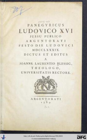 Panegyricus Ludovico XVI : Jussu Publico Argentorati Festo Die Ludovici MDCCLXXXIX