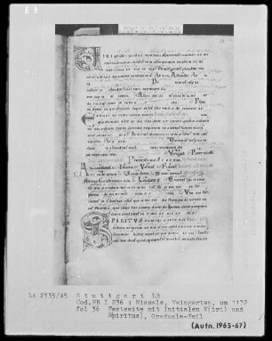 Graduale-Sakramentar-Lektionar — Initialen V(iri) und S(piritus), Folio 36recto