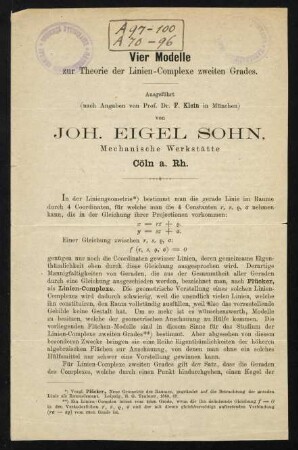 Vier Modelle zur Theorie der Linien-Complexe zweiten Grades