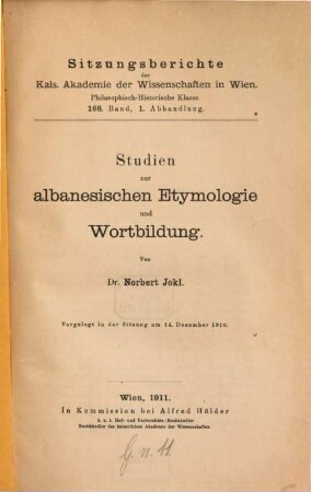 Studien zur albanesischen Etymologie und Wortbildung