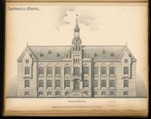 Rathaus, Calau Monatskonkurrenz März 1879: Aufriss Vorderansicht; Maßstabsleiste
