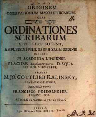 Originem observationum masorethicarum quas Tîqqûnê sôferîm ordinationes scribarum appellare solent