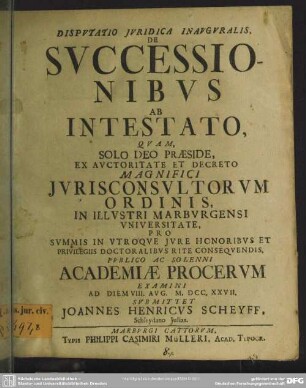 Disputatio Iuridica Inauguralis De Successionibus Ab Intestato